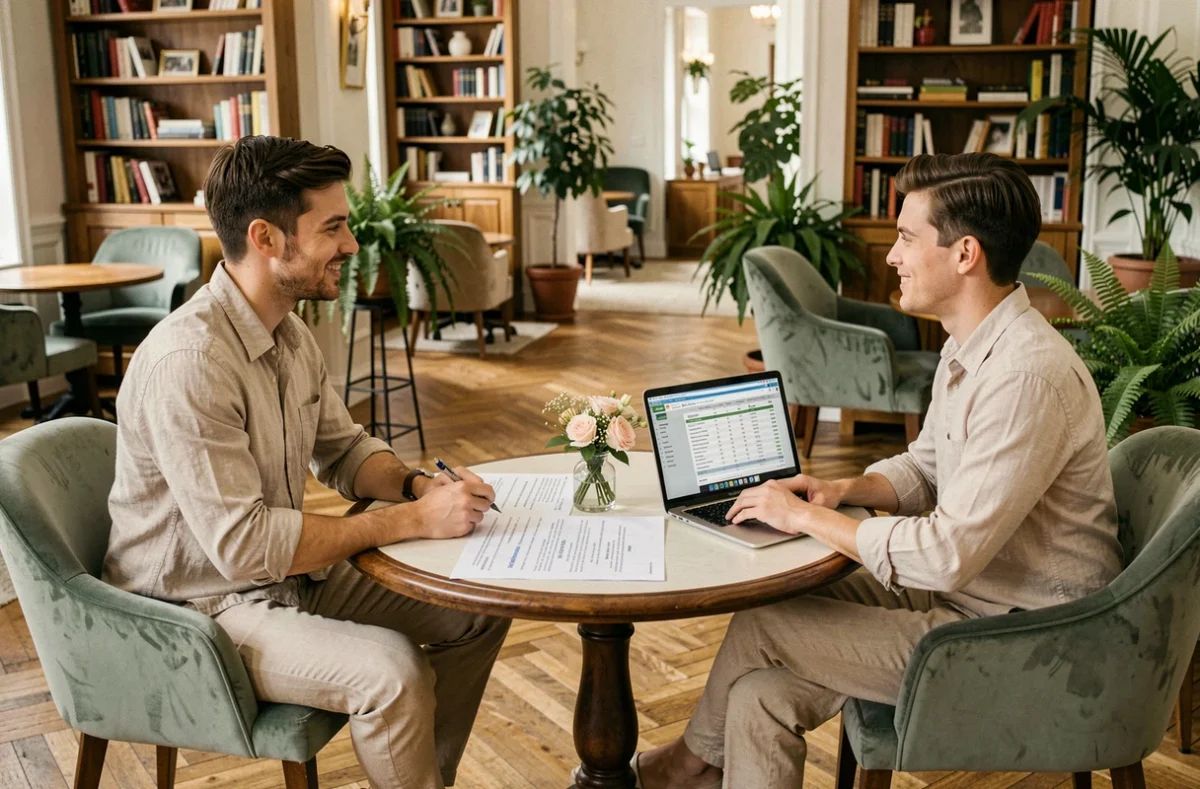 Couple rencontrant une wedding planner dans un hôtel boutique pour planifier leur mariage intimiste avec un budget détaillé