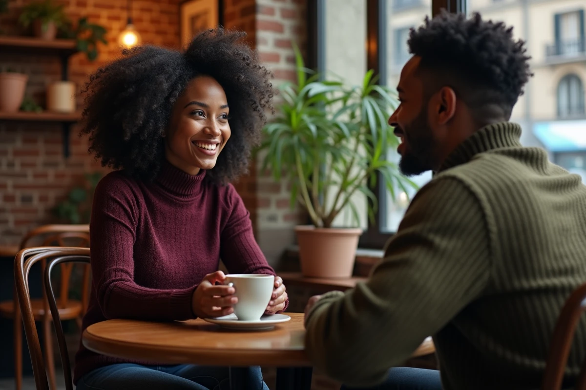 Couple en conversation intime autour d'un café dans un bistro parisien, évoquant leur complicité préservée loin des projecteurs