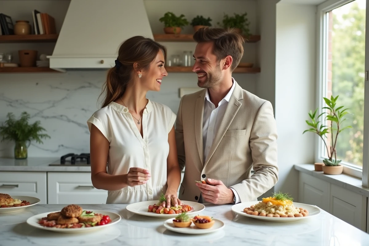 Jeune couple en tenue de mariage dégustant des amuse-bouches lors d'une séance de test de menu pour leur mariage à budget réduit