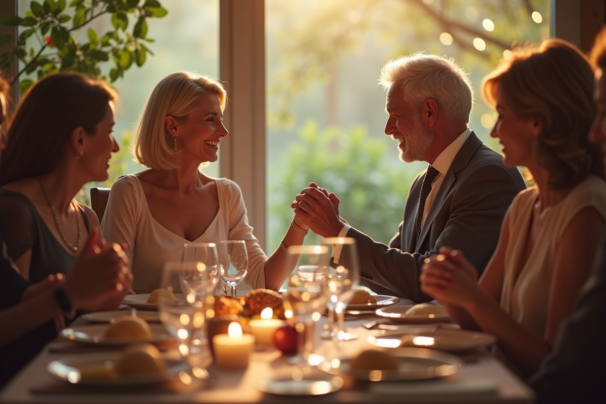 Couple mature souriant lors d'un dîner familial chaleureux