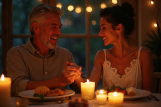 Couple souriant profitant d'un dîner romantique à la maison