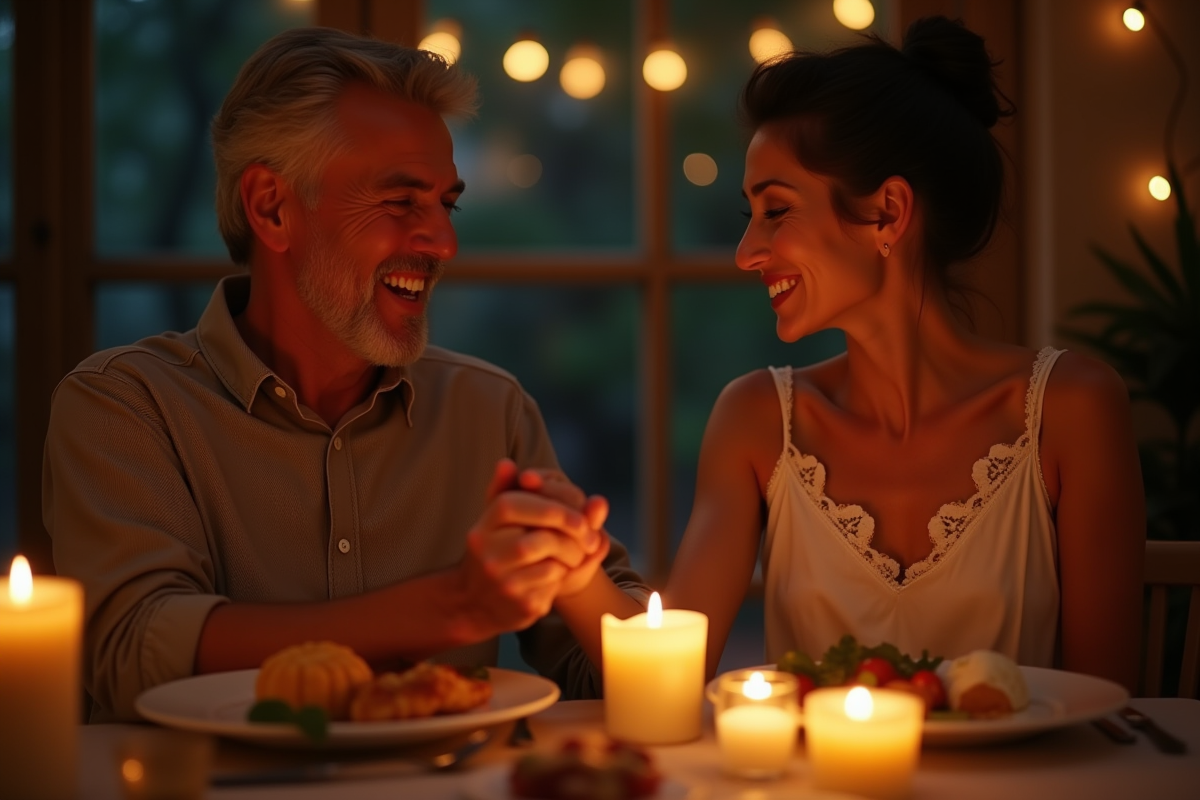 Couple souriant profitant d'un dîner romantique à la maison