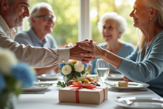 Couple agee main dans la main lors d'un brunch familial