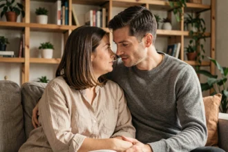 Couple complice partageant un moment intime et soutenant dans leur salon, illustrant l'équilibre relationnel discret et bienveillant
