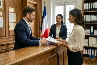 Couple étranger présentant des documents à un agent de la mairie pour un mariage civil en France