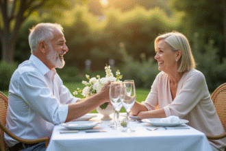 Couple mature riant lors d'un dîner en plein air élégant