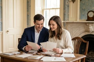 Jeune couple élégant examinant des invitations de mariage luxueuses