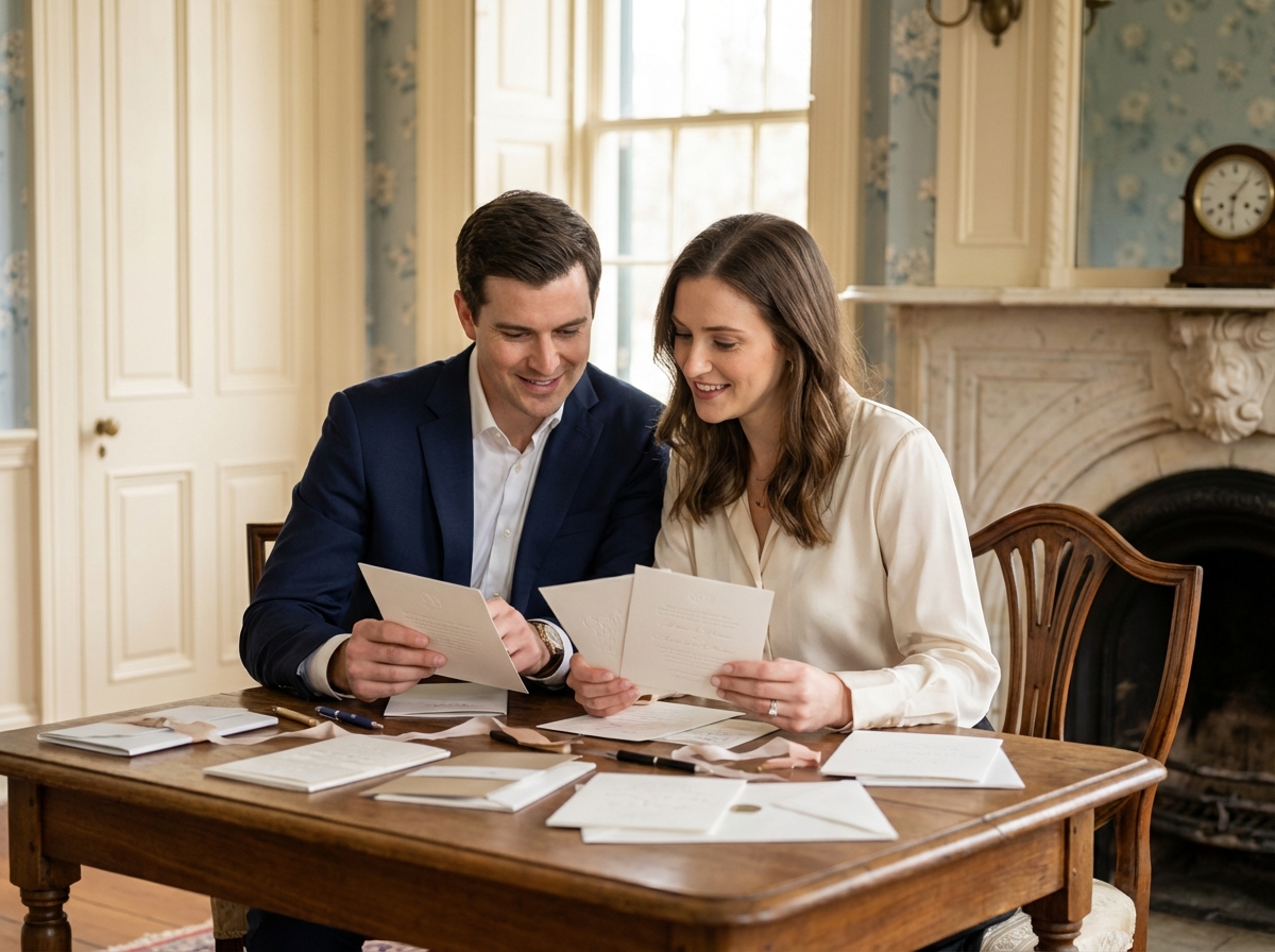 Jeune couple élégant examinant des invitations de mariage luxueuses