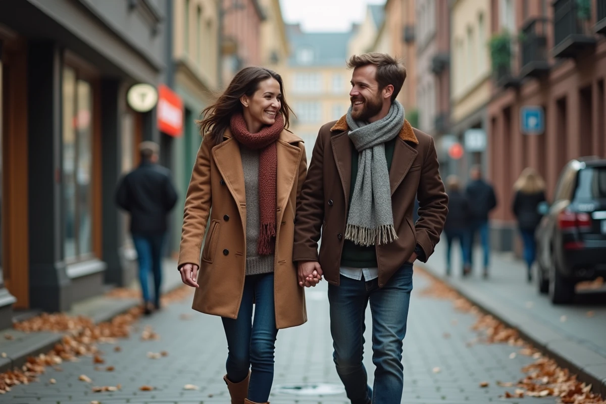 Couple marchant dans la rue en automne en discutant