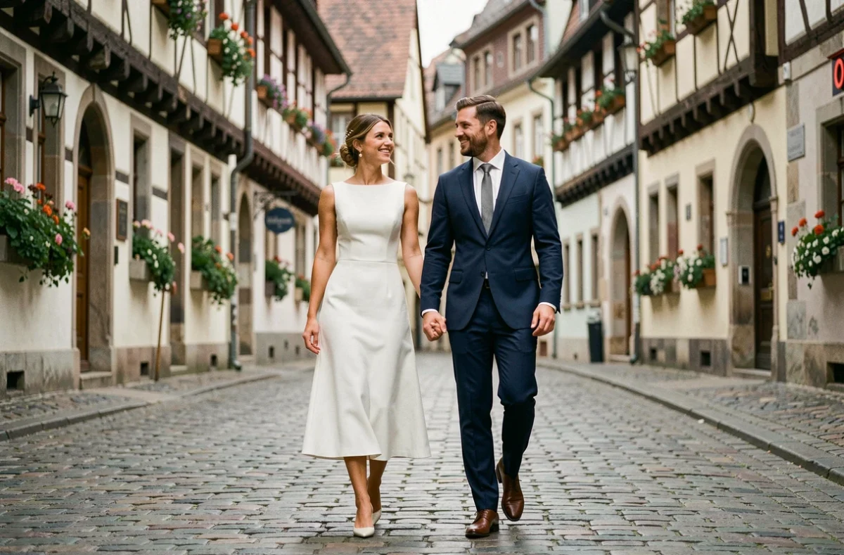 Couple lors d'un mariage civil chic à Strasbourg, mariée en robe louée et marié en costume dans la vieille ville