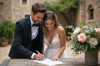 Couple souriant signant un mariage en plein air en méditerranée