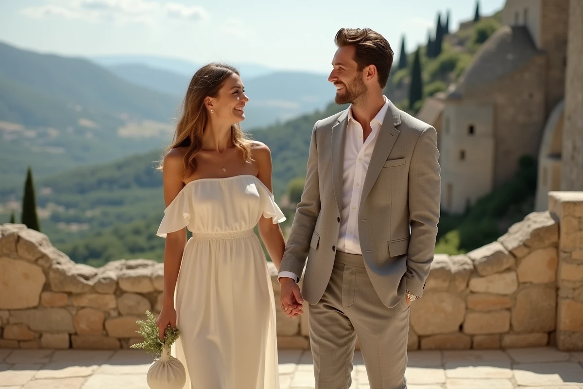 Couple élégant en tenue de mariage sur une terrasse en pierre avec vue panoramique sur le village de Gordes