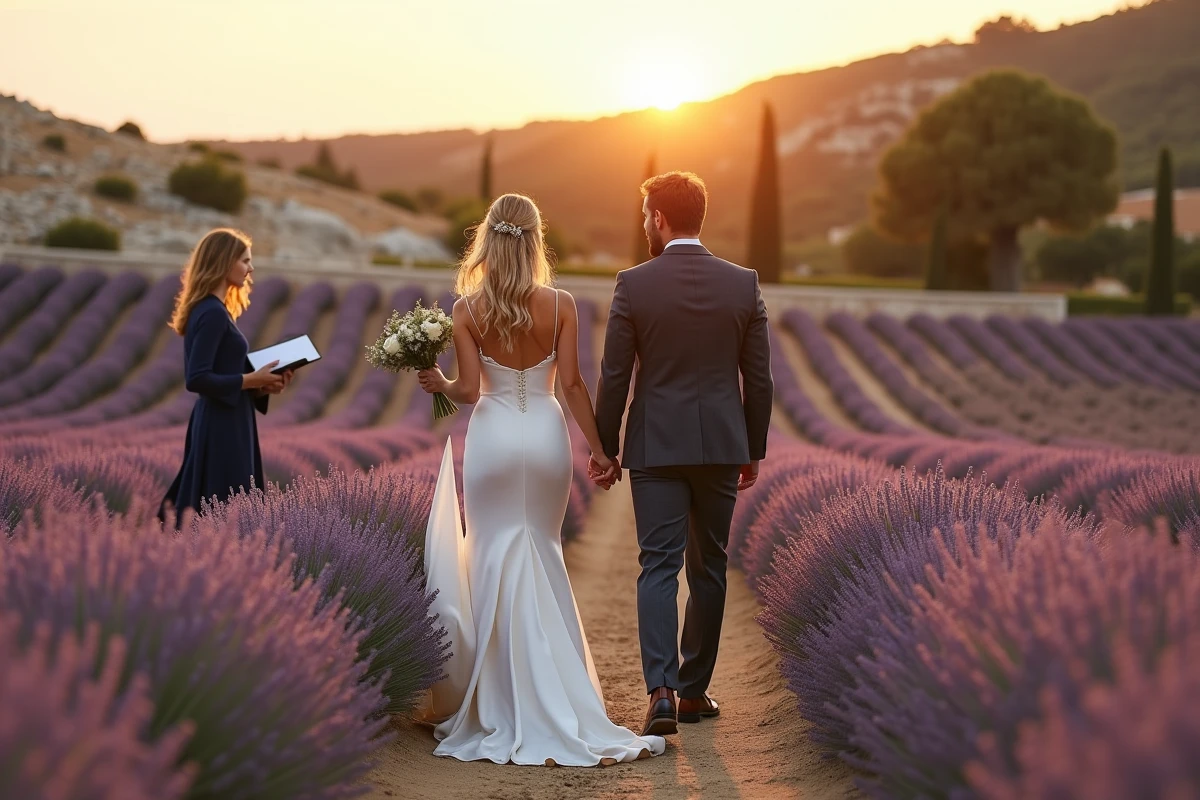 Couple de mariés se promenant dans un champ de lavande dans le Var encadré par leur wedding planner pour un mariage clé en main de luxe