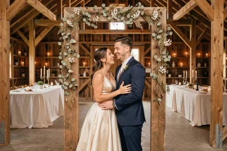 Couple de mariés posant dans un photobooth en bois décoré de guirlandes d'eucalyptus lors d'une réception de mariage rustique