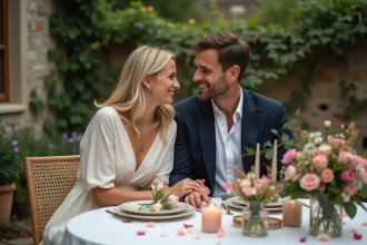 Couple fêtant leurs 22 ans de mariage attablé dans un jardin intime décoré de fleurs et de bougies