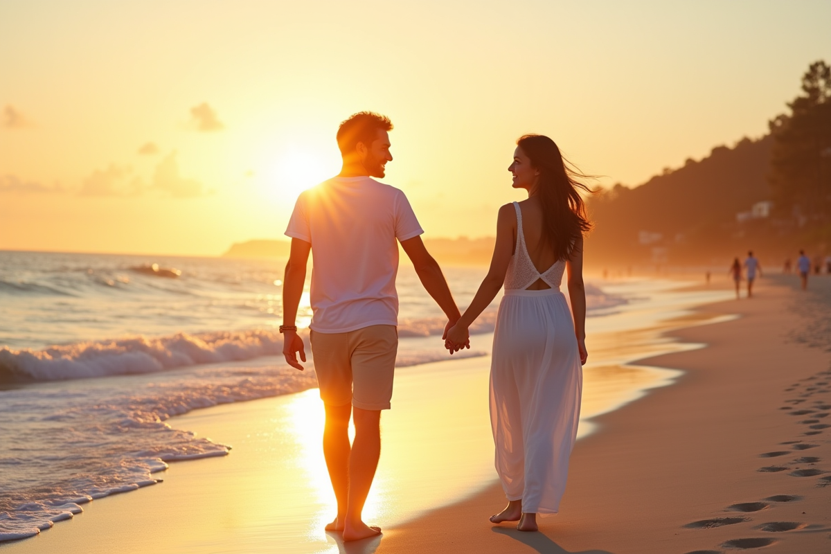 Jeune couple marchant sur la plage au coucher de soleil