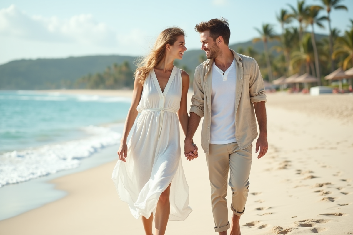 Jeune couple main dans la main sur une plage tranquille