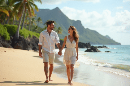 Jeune couple marchant sur une plage hawaienne ensoleillee