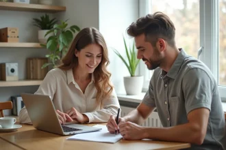 Couple planifiant leur mariage sur un site web de gestion de prestataires depuis leur appartement