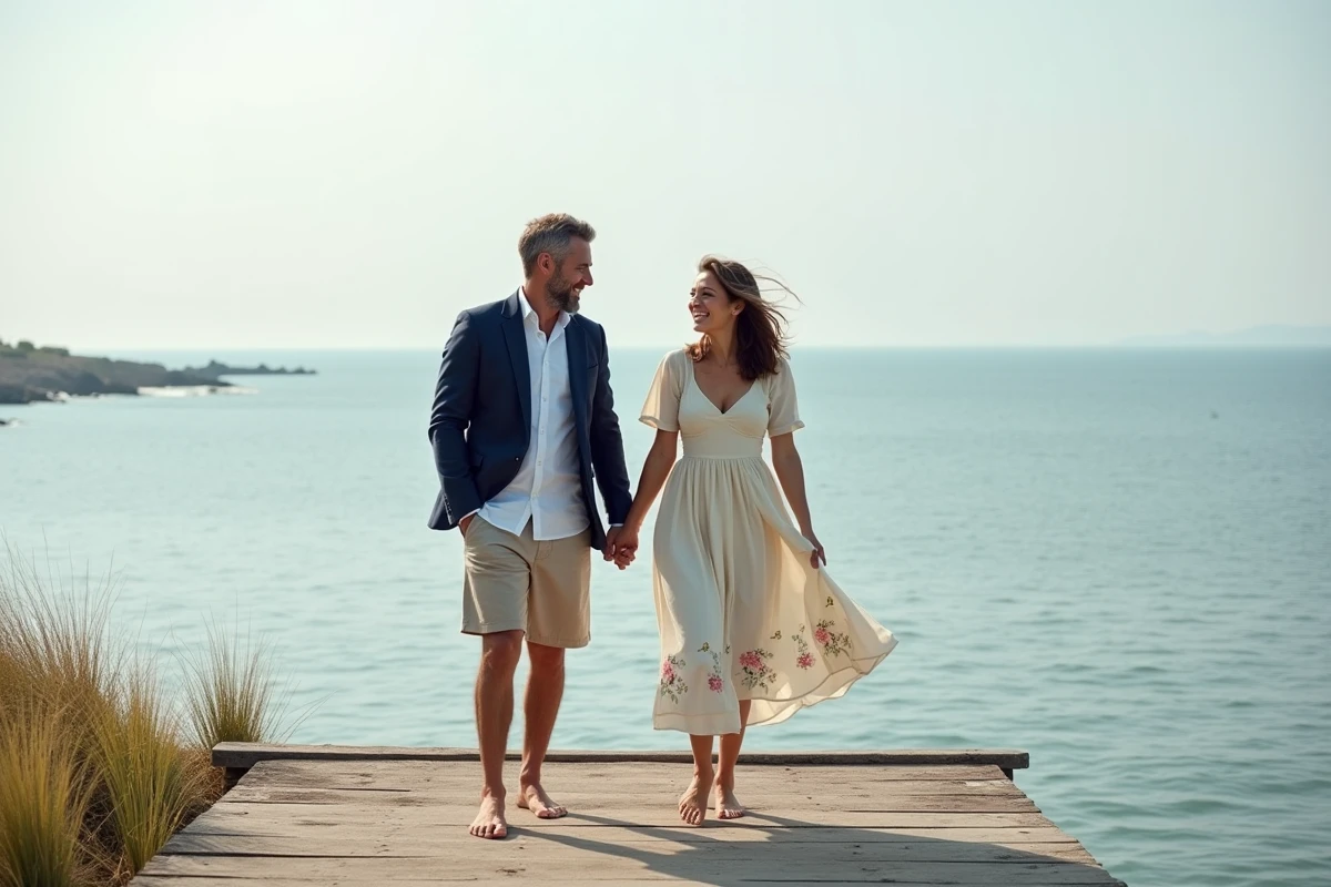 Couple pieds nus sur un ponton en bord de mer célébrant 15 ans de mariage avec joie