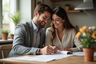 Couple souriant préparant invitations mariage à la maison