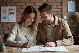 Jeune couple créant invitations mariage avec aquarelle