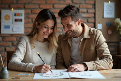 Jeune couple créant invitations mariage avec aquarelle