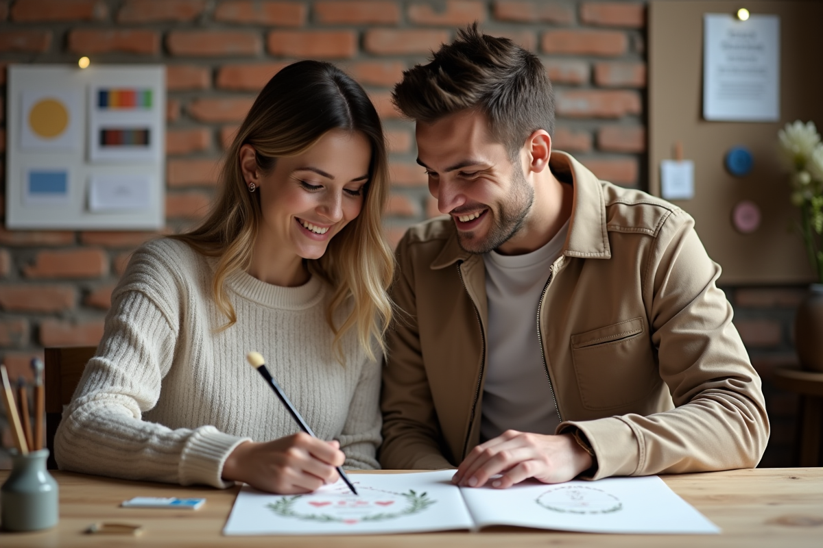 Jeune couple créant invitations mariage avec aquarelle