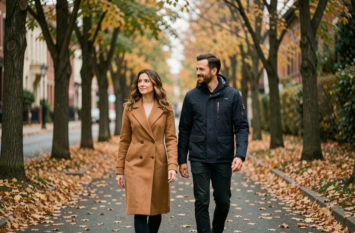Couple marchant côte à côte sur une allée bordée d'arbres en automne, symbolisant le soutien mutuel et la complicité dans la vie quotidienne