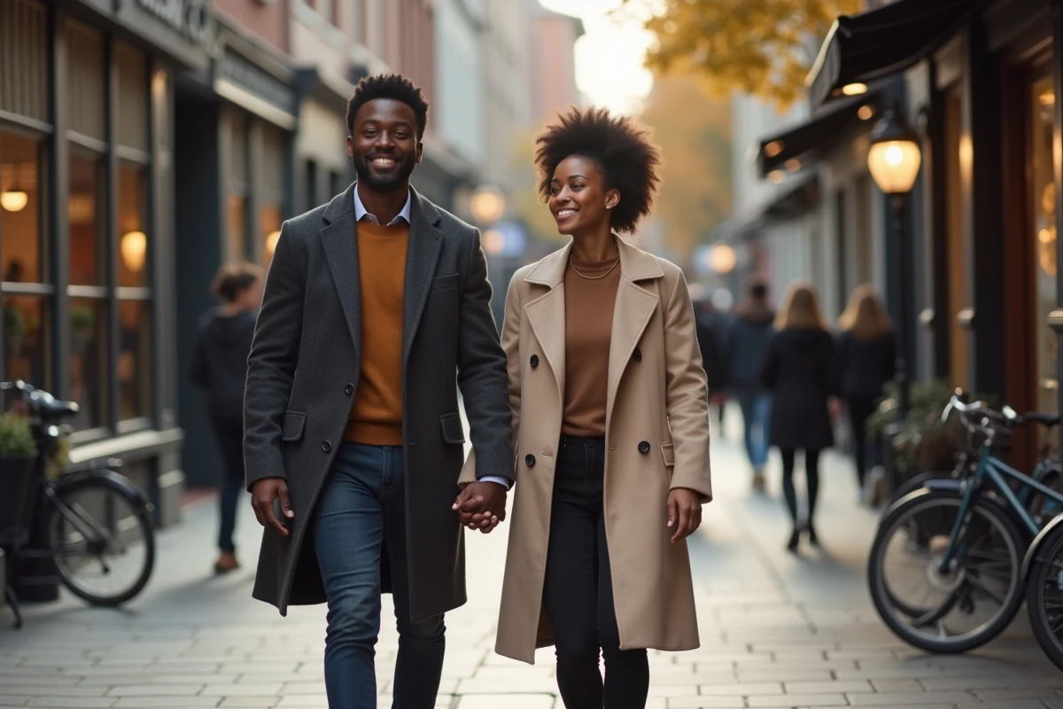 Couple main dans la main en promenade urbaine, symbolisant leur unité sereine malgré la pression de la célébrité