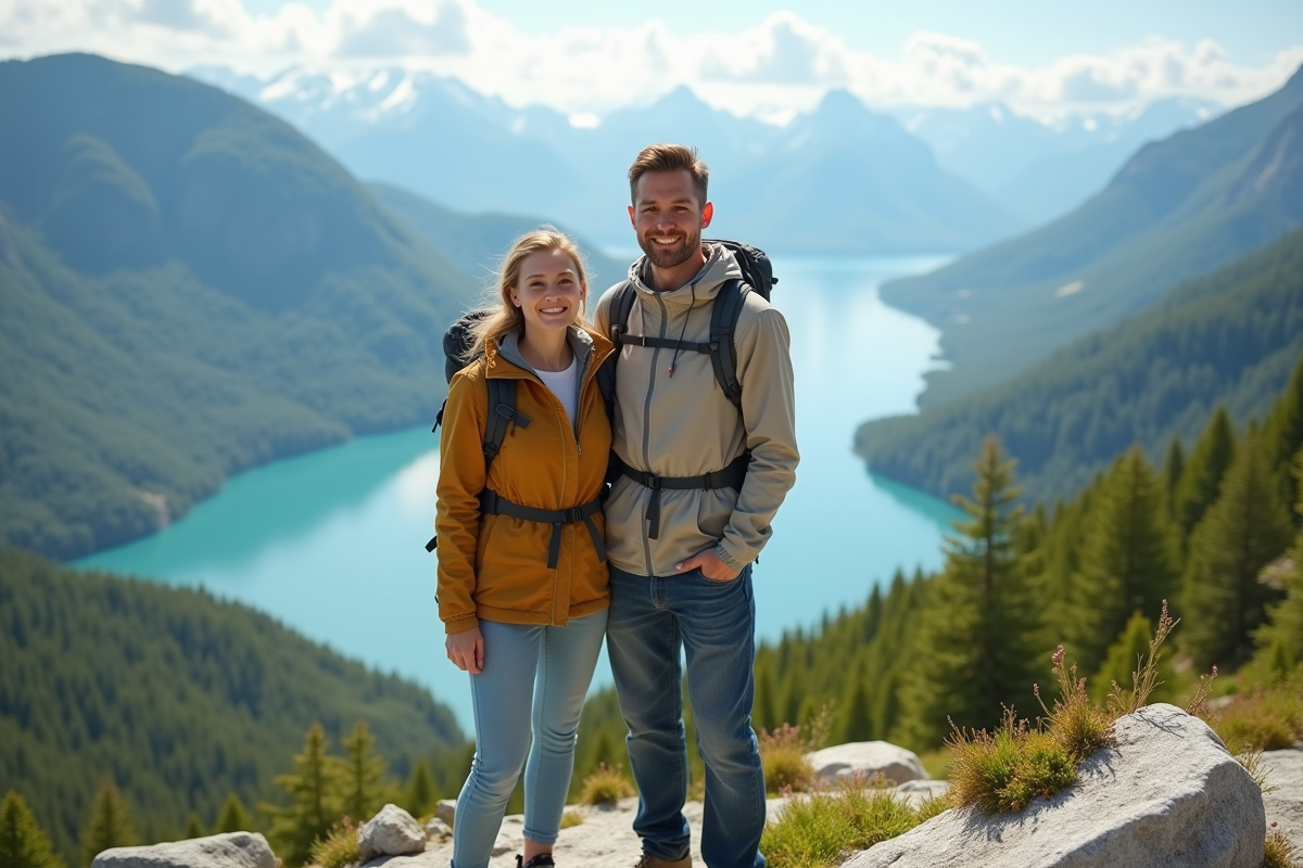 Jeune couple en randonnée avec vue sur lac et montagnes