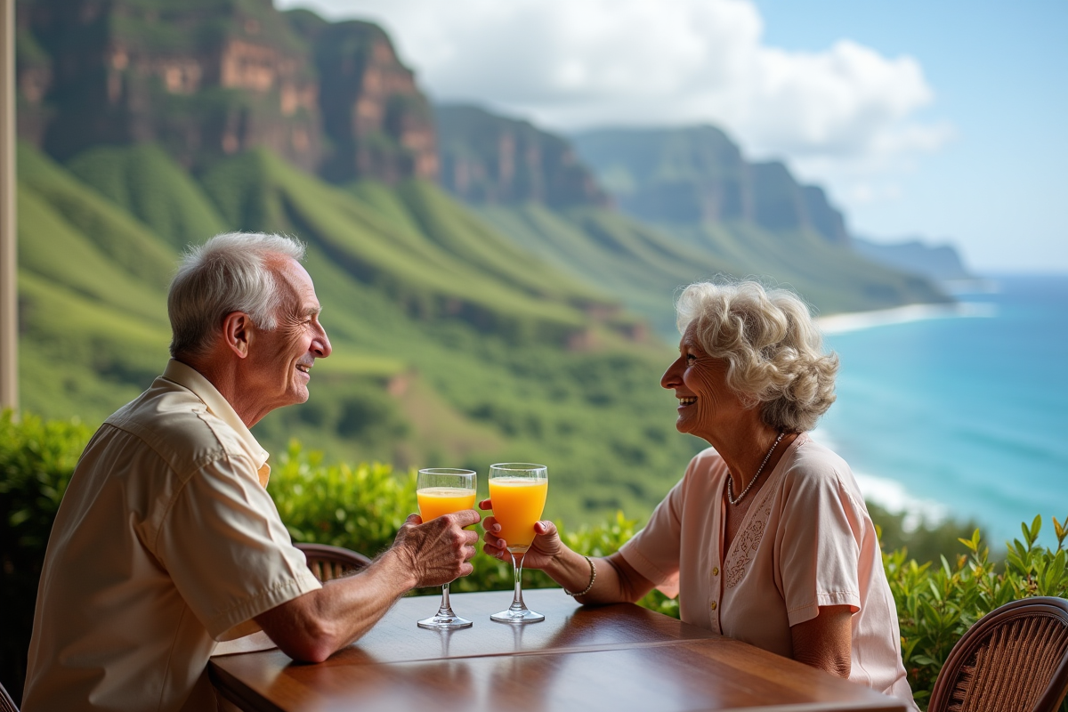 Couple d age moyen toastant dans un restaurant en plein air