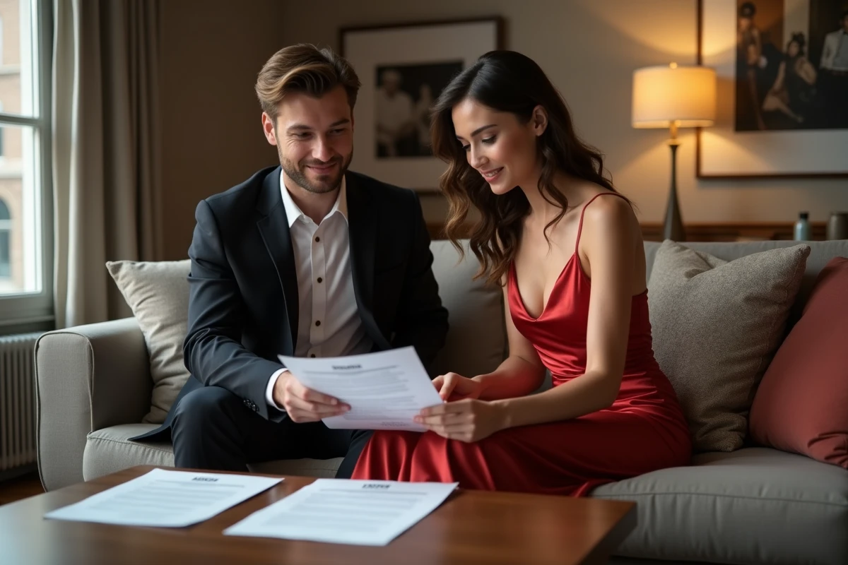 Couple discutant de contrats de location de robe dans un salon cosy