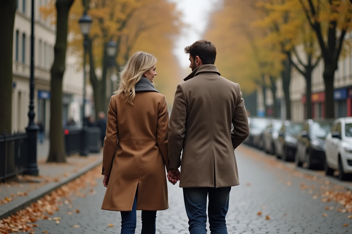 Couple marchant discrètement dans une rue parisienne en automne, image illustrant la relation entre Jenifer et Ambroise