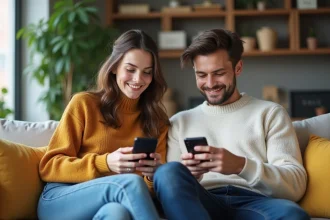 Jeune couple souriant sur un sofa moderne dans un salon