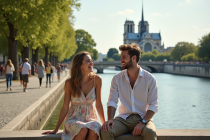Jeune couple assis sur un banc près de la Seine à Paris