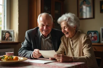 Couple senior partageant un repas en famille dans un salon chaleureux