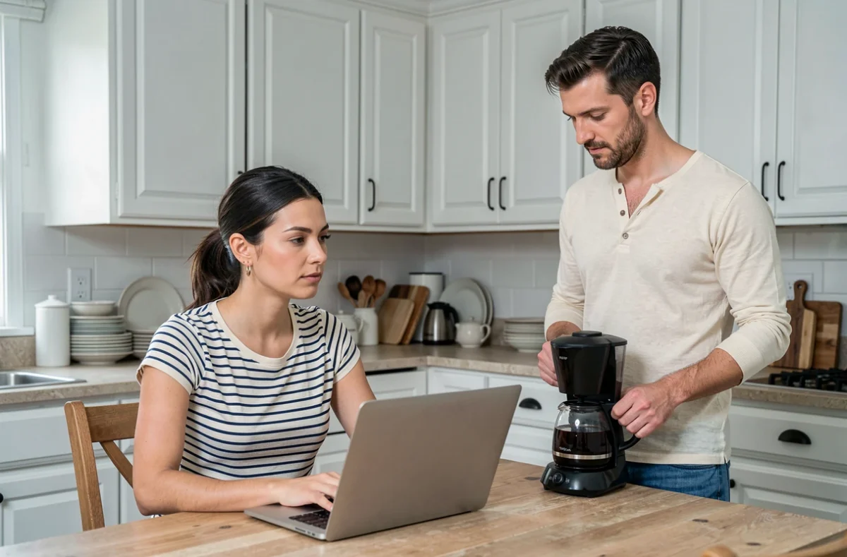 Femme travaillant à la maison pendant que son compagnon l'accompagne discrètement dans leur cuisine, illustrant le rôle clé du partenaire dans l'équilibre personnel