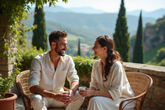 Jeune couple souriant sur une terrasse ensoleillee en mediteranee