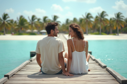 Jeune couple sur jetée en bord de mer tropicale