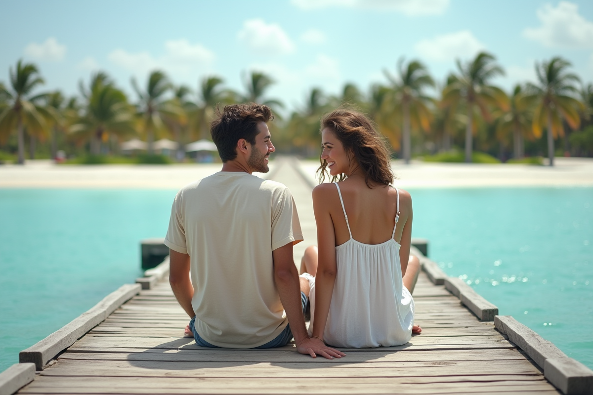 Jeune couple sur jetée en bord de mer tropicale
