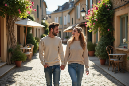 Couple souriant marchant dans un village français avec roses