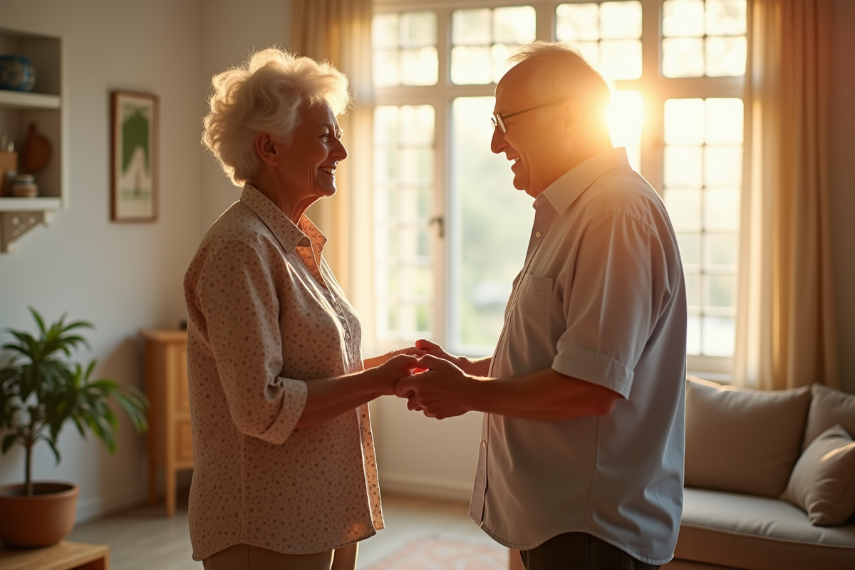Vieux couple échangeant des cartes de voeux dans un salon lumineux