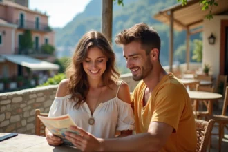 Jeune couple souriant devant un café côtier en méditerranée