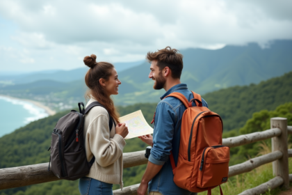 Jeune couple avec sac à dos regardant une carte panoramique