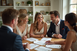 Cousins en tenue élégante discutant lors d'un mariage familial