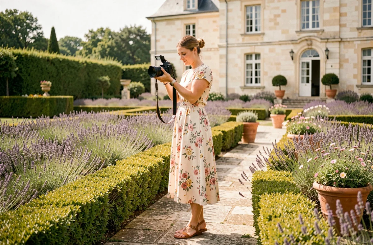 Cristina Tanase, photographe de mariage en Nouvelle-Aquitaine, consultant ses photos dans un jardin fleuri devant un manoir en pierre