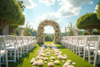 Cérémonie de mariage en plein air avec chaises blanches et arche florale