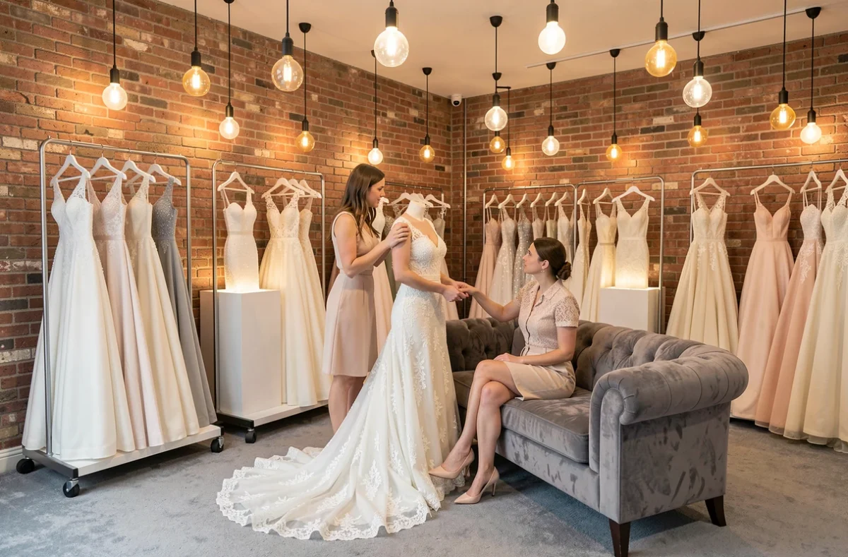 Conseillère présentant une robe de créateur Cymbeline à une mariée dans la boutique-atelier de Lille