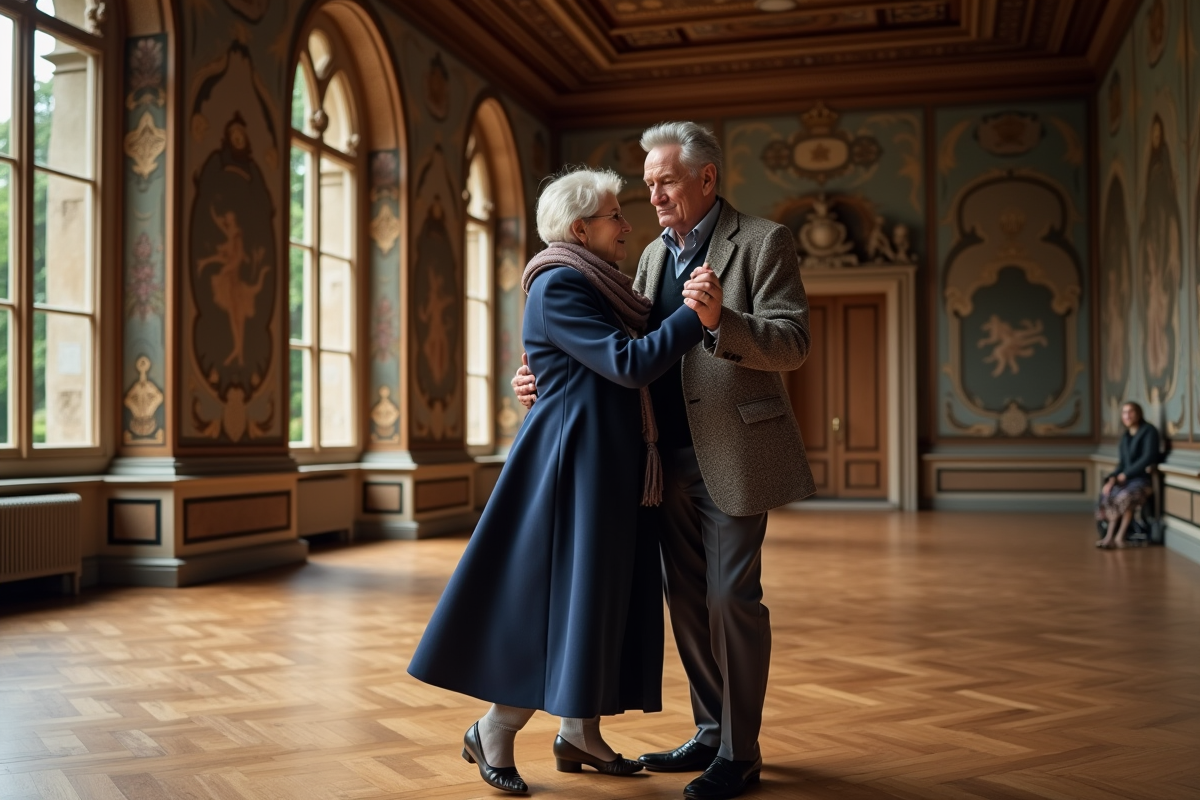 Vieux couple dansant dans la salle du Château de Chenonceau